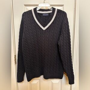 Classic Navy V-Neck Cable Cotton Knit Sweater